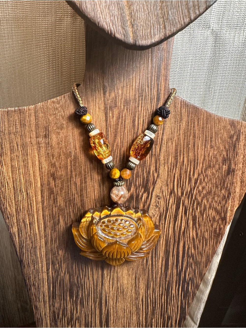 Tiger’s Eye Lotus Pendant Necklace with Golden Rutile and Amber on Rope